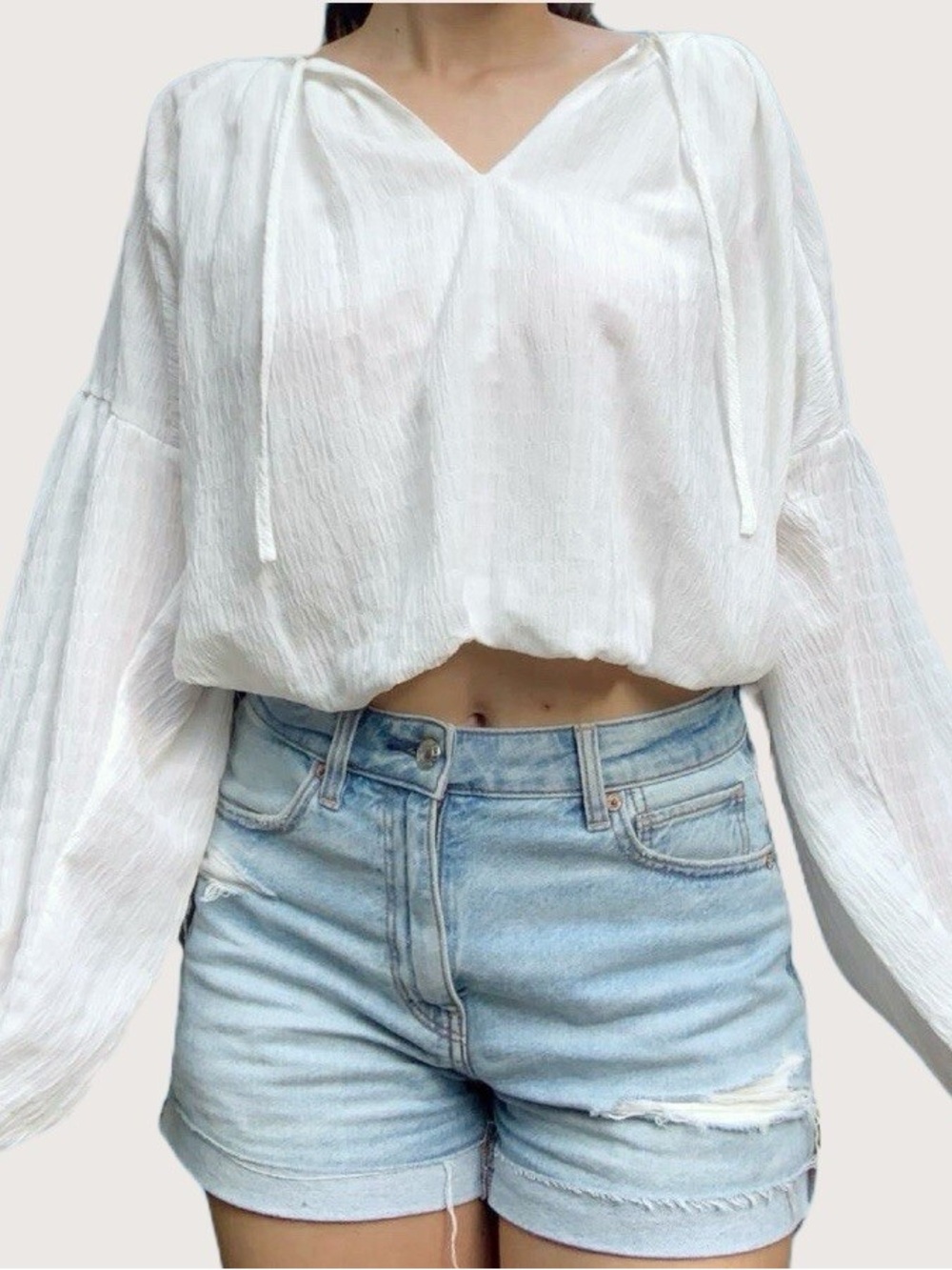 WAYF White Blouson Sleeve Bubble Hem Crepe Gauze Blouse